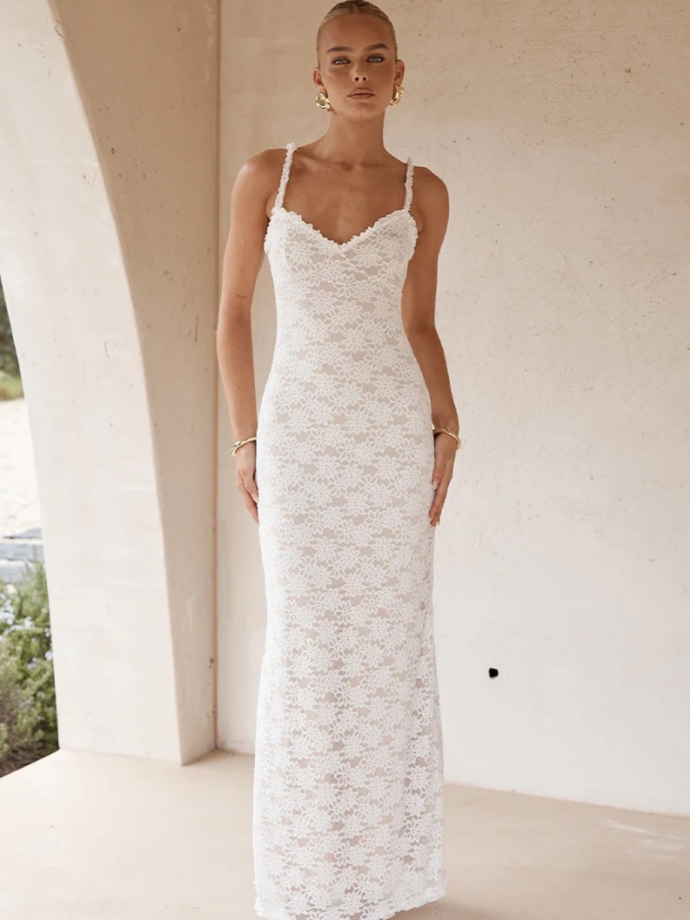 White Lace Spaghetti-Strap Maxi Dress